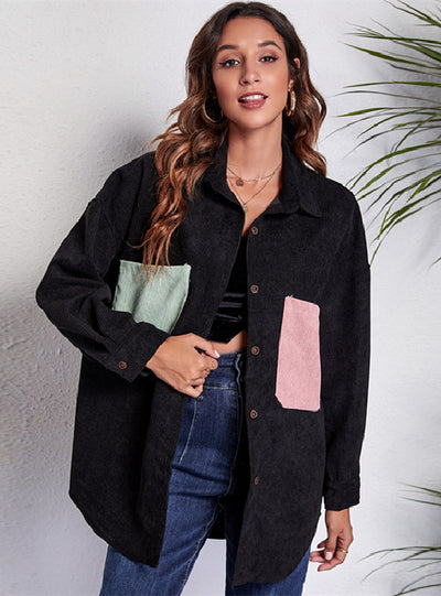 Loose Corduroy Stitching Pocket Long Sleeve Jacket