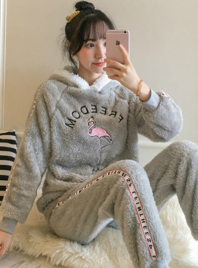 Gray Flamingo Long Sleeve Women Sleepwear Suit