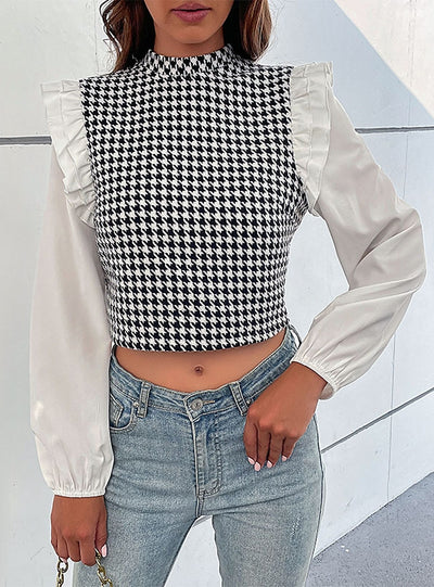 Retro Houndstooth Long Sleeve Ruffled Stitching Shirt