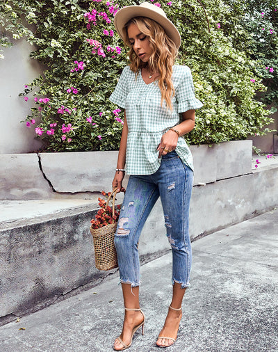 Short-sleeved Plaid Ruffled Blouse