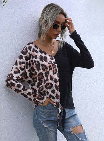 Black Leopard Print Shirt Knitted Base T-shirt