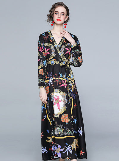 V-Neck Long Sleeve Retro Printed Waist Dress