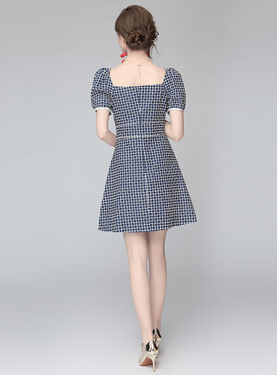 Square Collar Waist Slim Bubble Sleeve Dress