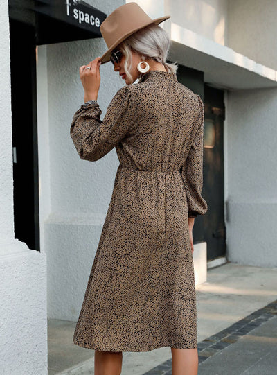 Long Sleeve Leopard Print Button Lapel Dress