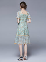 Square Trumpet Sleeve Pearl Lace Print Dress