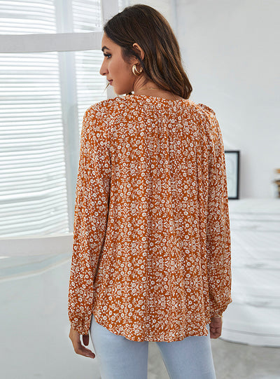 V-neck Printed Lantern Long Sleeve Top