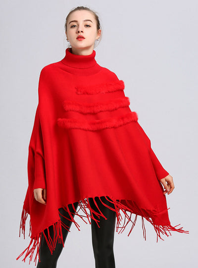 High Necked Bat Sleeve Fringed Turtleneck Cloak