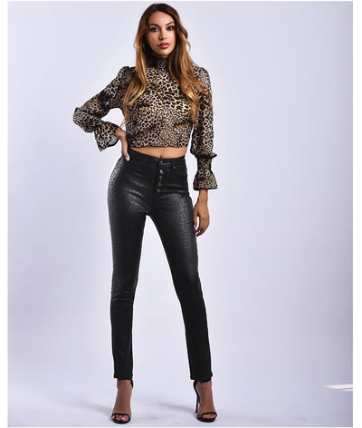 Black Leopard Print PU leather Pants