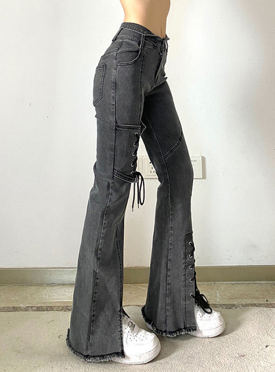 Retro Flanging Irregular Waist Strap Split Jeans