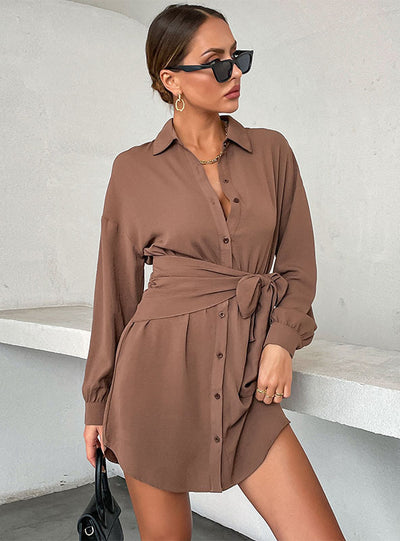 Cardigan Tie Lapel Long Sleeve Shirt Dress