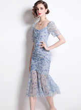 Square Collar Pleated Gauze Floral Dress