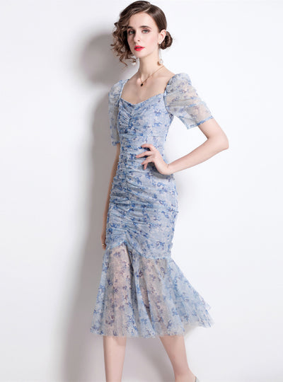 Square Collar Pleated Gauze Floral Dress