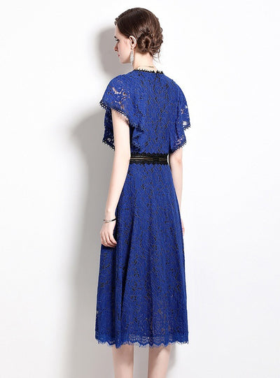 Flying-sleeve Lace Hollow Slim Dress