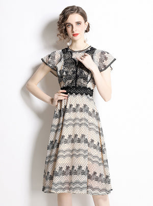 Chiffon Flounces Flying Sleeves Printed Dress