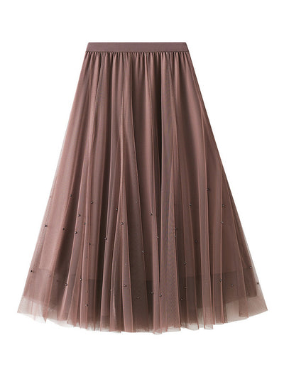 High Waist Mesh Beads Long Skirt