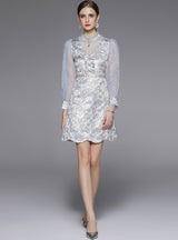 Retro Stand Collar Long Sleeve Button Lace Stitching Dress