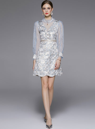 Retro Stand Collar Long Sleeve Button Lace Stitching Dress