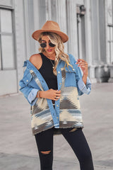 Loose Geometric Pattern Denim Splicing Jacket