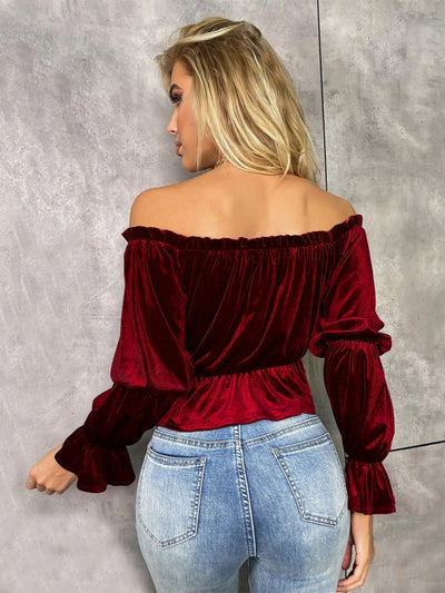 Ruffled Velvet Long-sleeved T-shirt Top