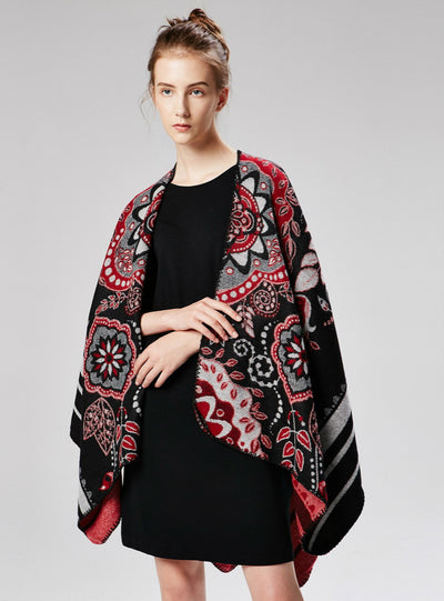 Women Ethnic Flowers Shawl Large Cloak