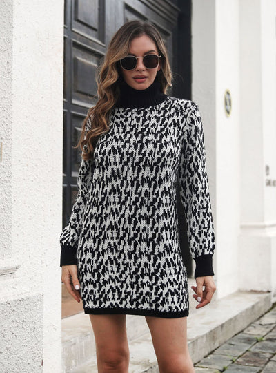 Turtleneck Jacquard Long Sleeve Sweater Dress