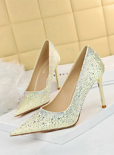 Women's High Heel Pointed Satin Rhinestone Shoes