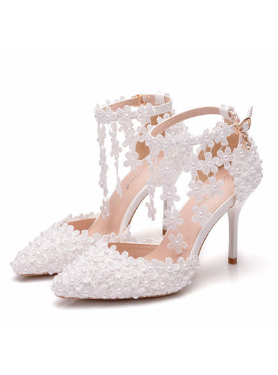 White Lace Flower Tassel Wedding Shoes