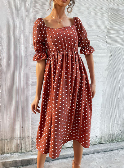 Retro Bubble Sleeve Polka Dot Square Collar Dress