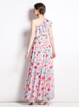 Holiday One-shoulder Flounce Print Dress