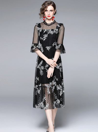 Perspective Embroidery Flare Sleeve Mesh Dress