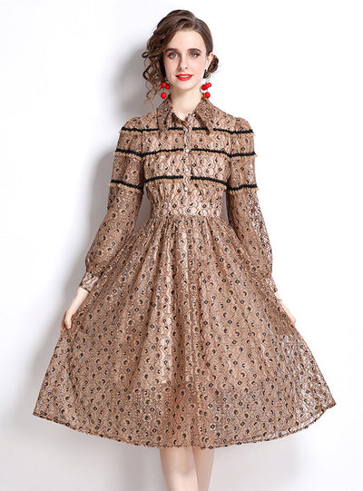 Retro Long Sleeve Pleated Lace Dress