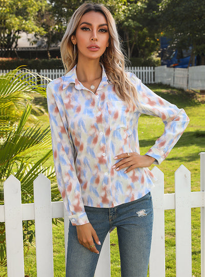 Open-back Tie-dyed Lapel Long Sleeve Shirt