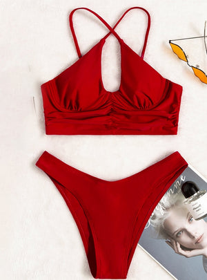 Cross Strap Solid Color Split Swimsuit