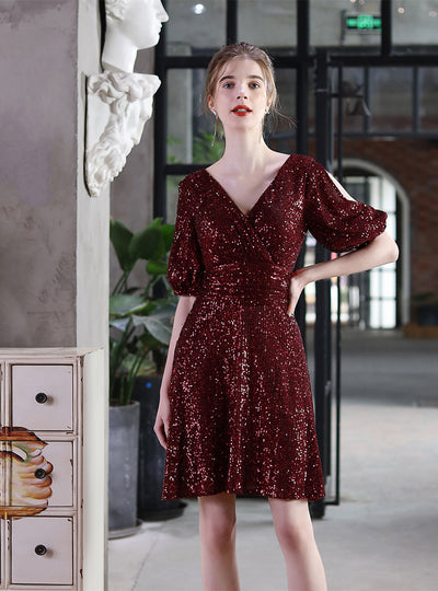 V-neck Long Sleeve Sequins Short Party Dress