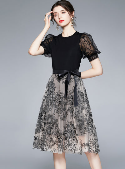 Embroidered Bubble Sleeve Gauze Dress