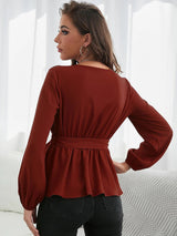 Square Neck Elastic Waist Ruffled Long Sleeve Shirt