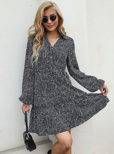 Printed Lapel Long Sleeve V Button Dress