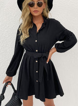 Long Sleeve Lace-up Collar Shirt Dress