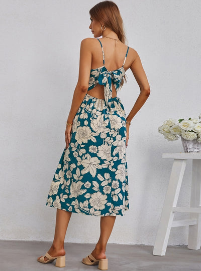 Printed Sling Single-breasted Backless Dress