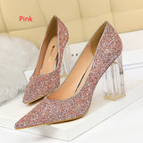 Transparent Crystal Thick Heel Sequins Shoes