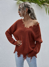 V-neck Turtleneck Fringed Colored Dots Sweater