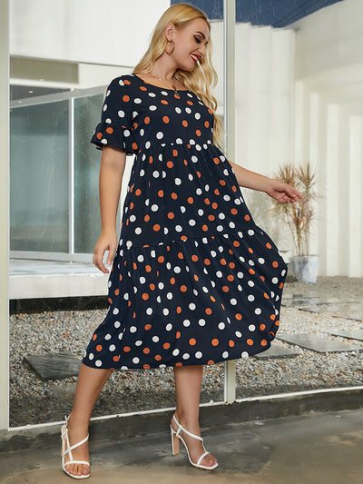 Round Neck Sleeve Polka Dot Print Big Swing Dress