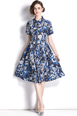 Blue Printed Short Sleeve Dress