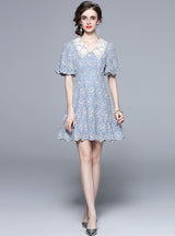 Embroidered Lace Collar Waist Ruffled Dress