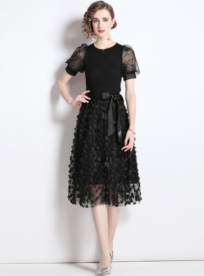 Black Gauze Bubble Sleeve Dress