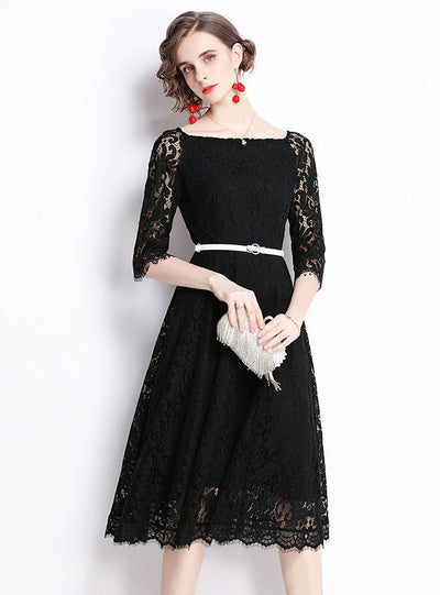 Women Lace Cropped Sleeve Slim Dress