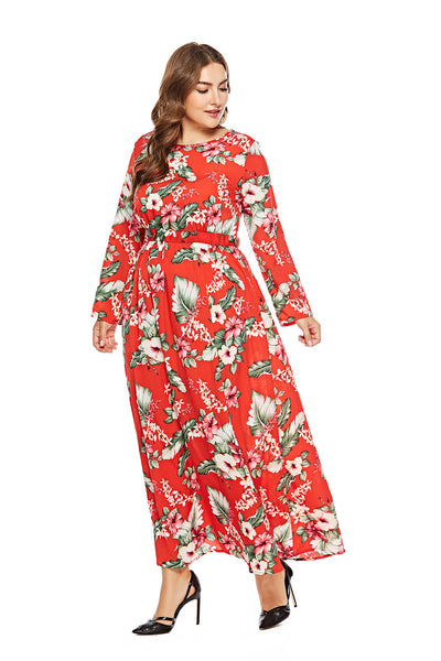 Long Sleeve Printed Big Swing Chiffon Dress