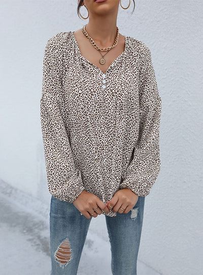 Long Sleeve V-neck Pullover Leopard Print Shirt