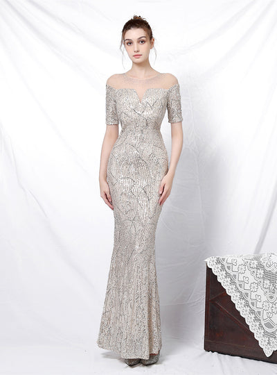 Long Sleeve Sequined Evening Dress