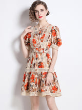 Print Bubble Sleeve Waist Slim Dress